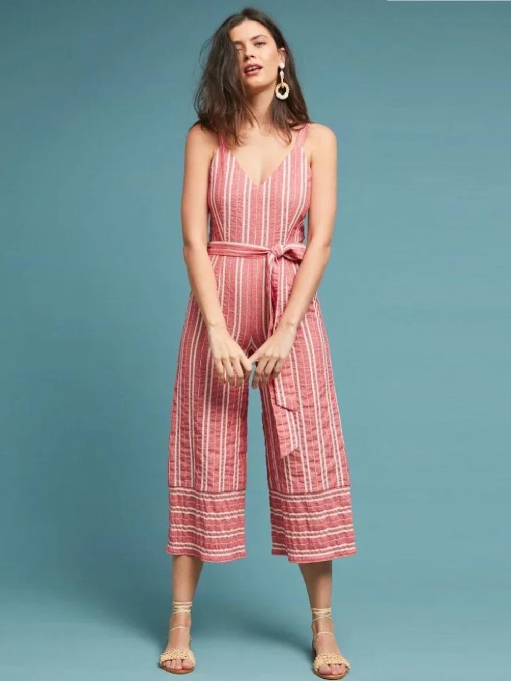 Ett:Twa Anthropologie red cream stripe Robin cropped wide-leg v-neck jumpsuit